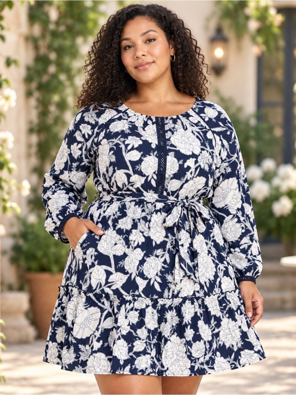 Women's XXL Navy White Floral Tiered Mini Dress Long Sleeve Tie Belt Pockets NWT